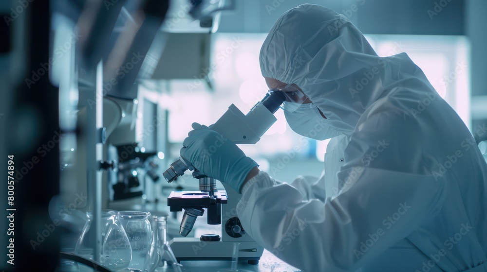 Poster a dedicated scientist in a laboratory setting analyzes a specimen using a high-tech microscope
