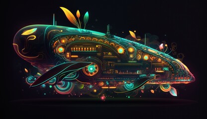 A graphics abstract neon design of a glowing, futuristic submarine with neon-colored parts and intricate details, set against a dark, abstract background