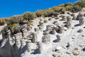 mysterious stone pylons at the cliff of Crowley lake, california