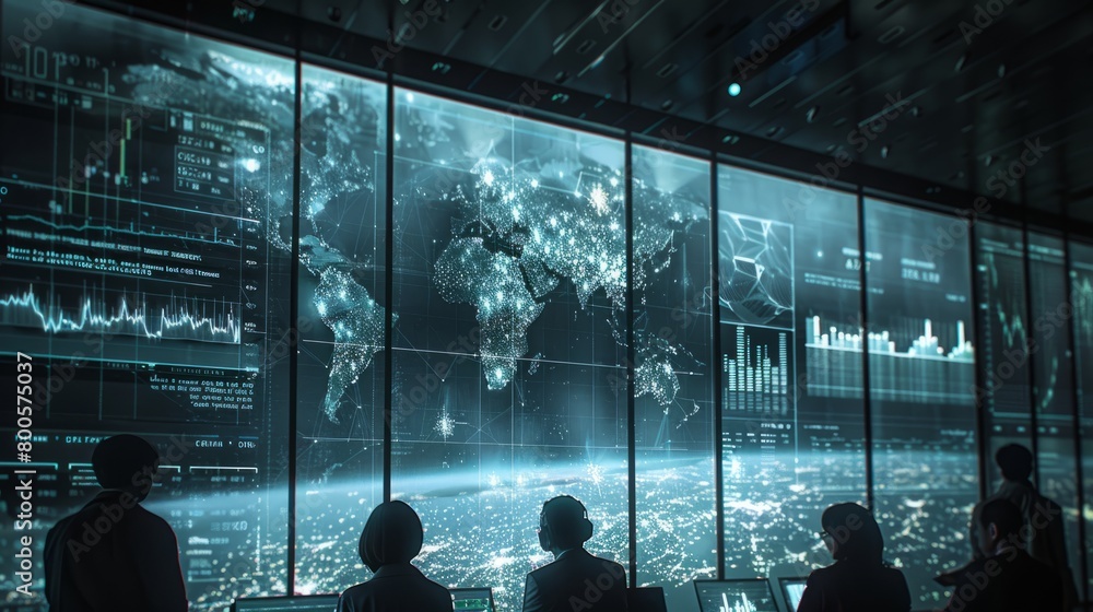 Poster people looking at a large screen with a map of the world and various data.
