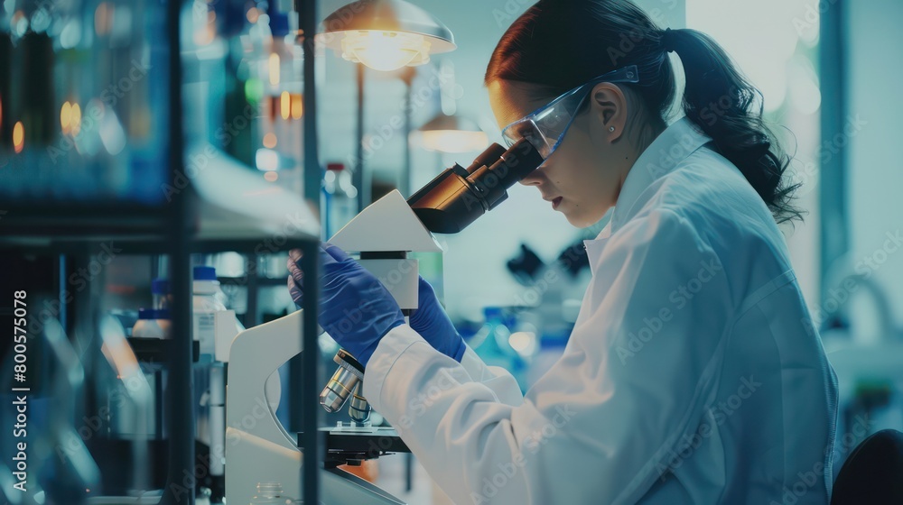 Aufkleber a professional, focused scientist examines samples under a microscope in a high-tech laboratory sett