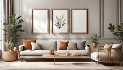 Frame mockup, ISO A paper size. Living room poster mockup. Interior mockup with house background. Modern interior design. 3D render,  wallpapers, stock photos, mockups