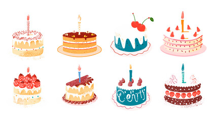 Hand drawn trendy Vector illustration Set of Cakes with candle cherry, cream, Retro style. Sweet tasty food, Party, wedding, anniversary, celebration, birthday concept, Desserts, confectionery.