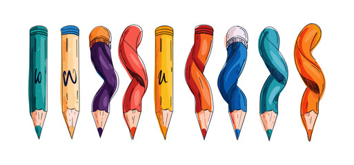 Hand drawn Vector illustration of Set of colored Pencils in various conditions. Twisted, bended, curved pencil. Back to school, teacher's day concept. Isolated design templates in Abstract modern 