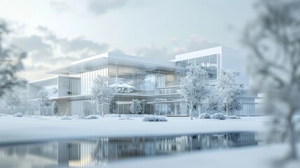 The image shows a modern glass and steel office building in a snowy landscape.