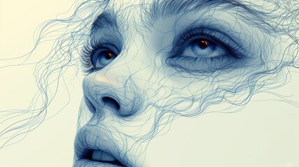 Fototapeta premium Abstract portrait of a woman with flowing hair lines and intense eyes