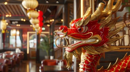 Capture the essence of Asian culture with a striking red and gold dragon head displayed in a Chinese restaurant. This iconic symbol adds authenticity and flair to any Asian-themed setting.