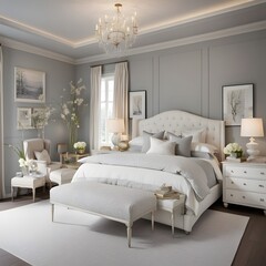 grey walls and a white bed.