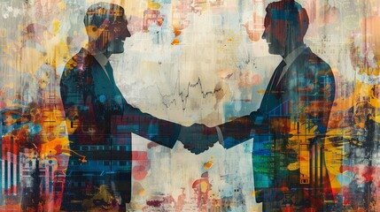Two businessmen in suits shaking hands with a colorful abstract background.