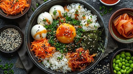   A bowl brimming with rice, carrots, and an egg atop rice adjacent to other bowls of assorted veggies