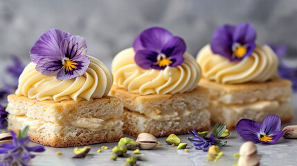   A cake with frosting and purple pansies on top, surrounded by purple and yellow flowers