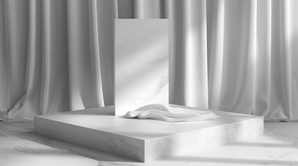 White marble podium with white curtains in the background