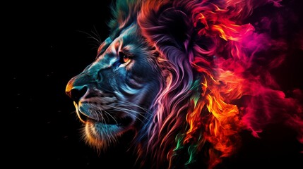 Lion, the head of a lion in a multi-colored flame. Abstract multicolored profile portrait of a lion head on a black background.