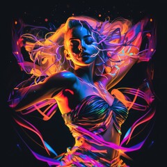 A creative neon-infused portrait of a dancer with glowing, neon-colored clothing and abstract neon shapes surrounding them