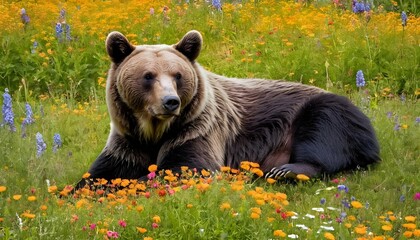A Bear Lounging In A Field Of Wildflowers
