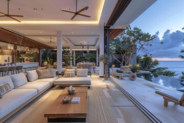 Beautiful minimal soft couch in comfortable penthouse setting