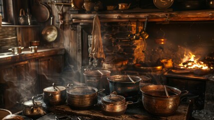 A traditional kitchen scene with pots simmering over an open fire, capturing the rustic charm of old-world cooking techniques.