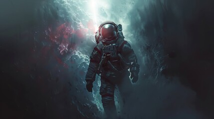 An astronaut 3D pierces through a shadowy backdrop with a beam of light, echoing themes of hope and enlightenment .Background illustrations