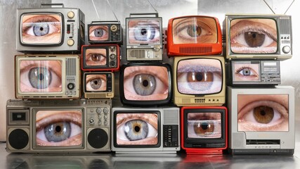 vintage and retro televisions made into a tv wall eyes on the screen