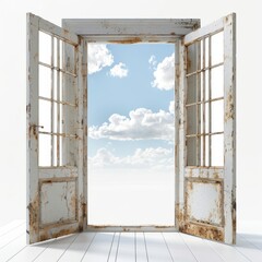 an open door with a sky view in the background