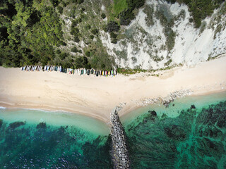 Aerial view of a beach near Numana withcanoes on the sand