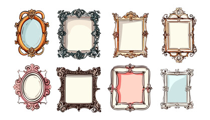 Hand drawn trendy Vector illustration, Different shapes, Elegant, modern flat style. Set of various decorative Frames or Borders. Vintage design. Photo or mirror frames, Graphic design. Ornamental