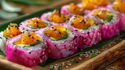   Close-up of plate with sushi on wooden tray, sesame seeds beside