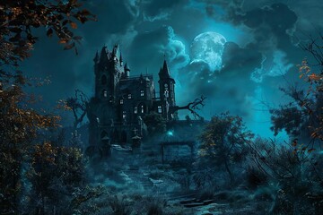 Castle background with eerie cemetery, Halloween horror grave