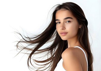 Young girl with brown long hair flying in the wind. On a white background.