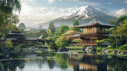 A tranquil garden landscape with Mount Fuji in the background, blending natural beauty with traditional Japanese architecture and design.
