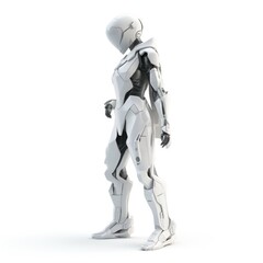 A metallic 3D character in Notion style, with a futuristic outfit and robotic features, standing on a white background