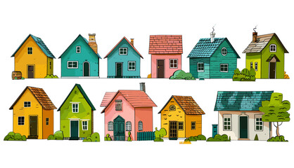 Hand drawn Vector illustration, Set of various small tiny Houses, Flat design, Paper cut cartoon minimal style, Building, sweet home, real estate concept. Miniature houses, housing, property.
