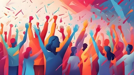 A group of individuals are raising their hands. Vibrant Illustration. human rights. AI-generated picture
