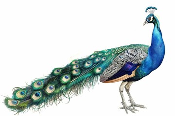 female peacock with iridescent bluegreen plumage and long elegant tail feathers isolated on pure white background detailed digital bird illustration