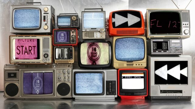 vintage and retro televisions made into a tv wall with cinema countdowns on the screen