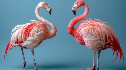 two flamingos standing next to each other on a blue background - obrazy, fototapety, plakaty