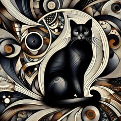 The mesmerizing work of art features a slender black cat sitting elegantly in the center.
