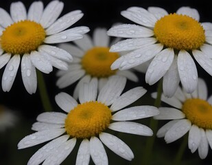 Dew-Covered White Daisies Blooming Against a Dark Background in Early Morning