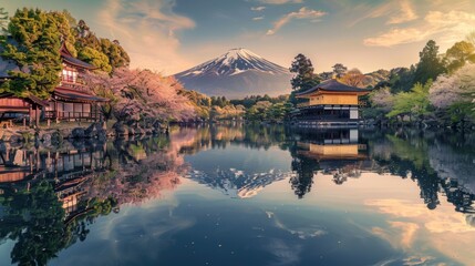 Fototapeta premium A tranquil riverside scene with Mount Fuji reflected in the calm waters, creating a picture-perfect reflection of Japan's natural beauty.