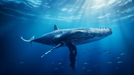 Obraz premium Majestic humpback whale swimming in the deep blue sea.