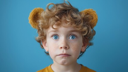 a young boy with curly hair and blue eyes