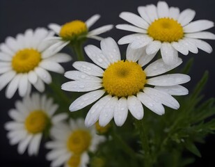 Obraz premium Dew-Covered White Daisies Blooming Against a Dark Background in Early Morning