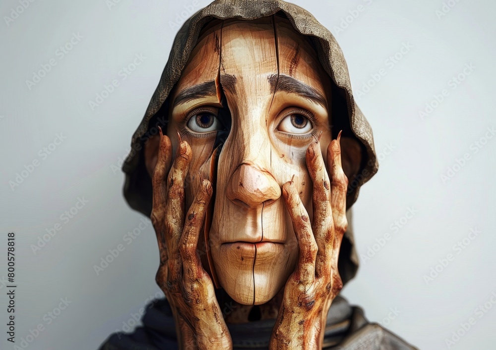 Wall mural a wooden statue of a person with hands covering their face