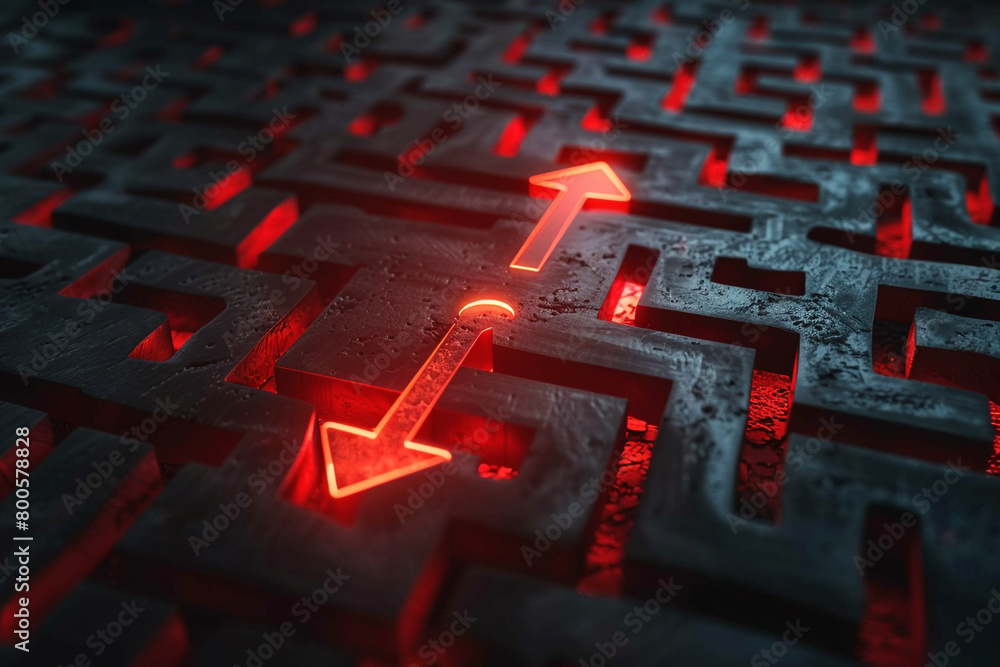 Aufkleber a powerful red arrow navigating through a maze, finding its breakthrough point, representing strateg