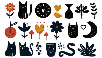 Contemporary trendy Vector illustration, Set of colored icons, Various abstract elements, Hand drawn doodles, Quirky shapes, Flowers, animals, objects, geometric, modern.