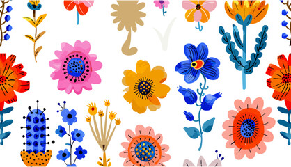 Hand drawn trendy Vector illustration, Various abstract Flowers. Set of colorful unique design elements. Sticker, poster, print templates, vibrant graphics.