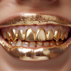a close up of a person with gold teeth