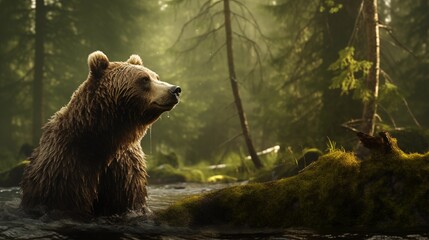 Majestic wet bear gazing in lush forest. - Powered by Adobe
