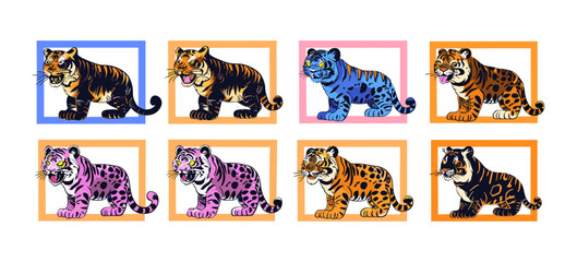 Hand drawn trendy Vector illustration of various abstract Tigers or leopards in unique, cartoon, quirky style. Funny characters isolated design elements for poster, print, sticker, tattoo, card