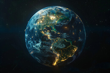 A projection of a holographic earth with highlighted areas showing renewable energy usage 